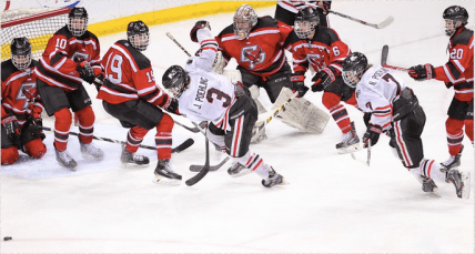 The Poehling brothers pressure the net in the Class 2A state semifinals in 2015. CREDIT: Jim Lindquist